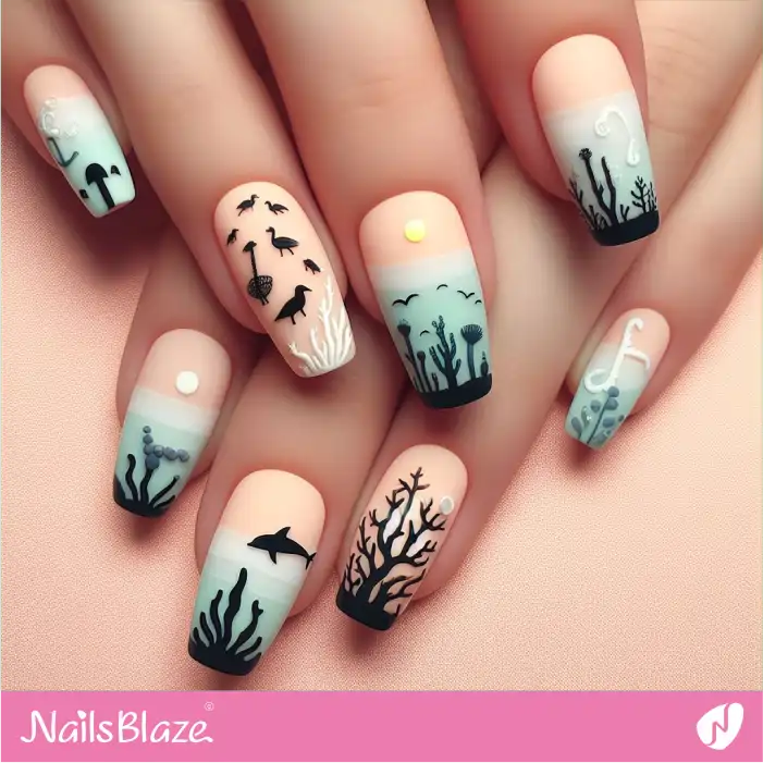 Gradient Matte Nails with Silhouette Marine Life Design | Save the Ocean Nails - NB2770